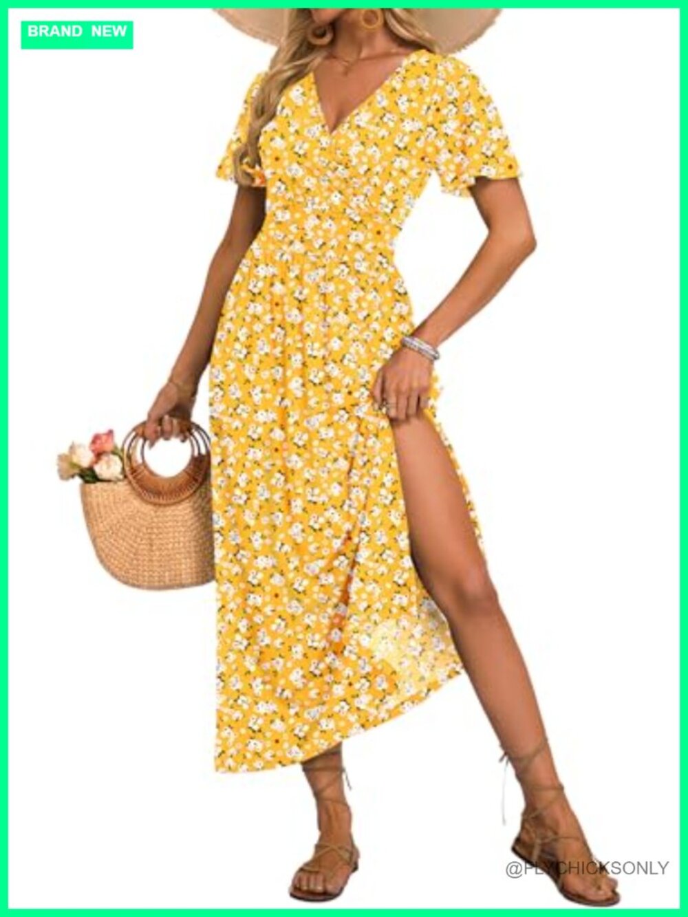 Flutter Sleeve V Neck Maxi Dress with Pockets Floral Boho Slit